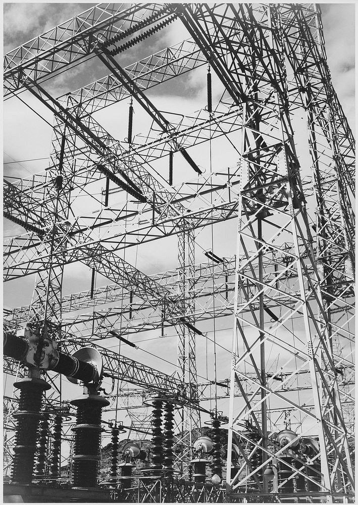 Photograph Looking Up at Wires of the Boulder Dam Power Units. Photographer: Adams, Ansel, 1902-1984. Original public domain…