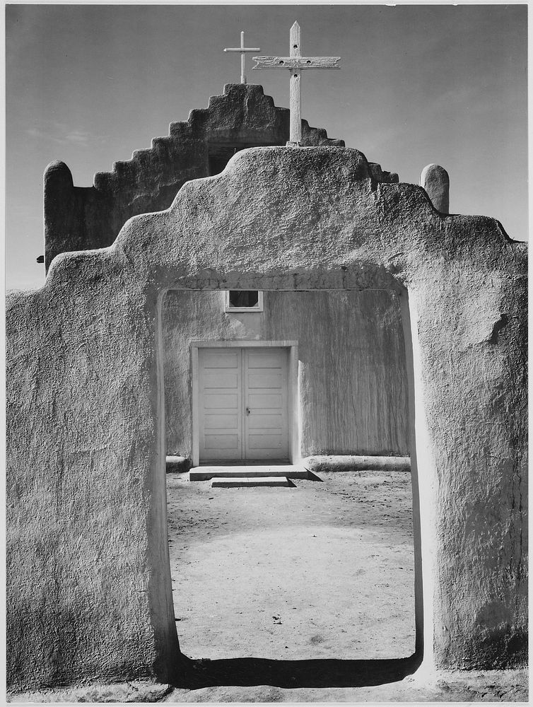 Front view of entrance, "Church, Taos Pueblo National Historic Landmark, New Mexico, 1942" Photographer: Adams, Ansel, 1902…