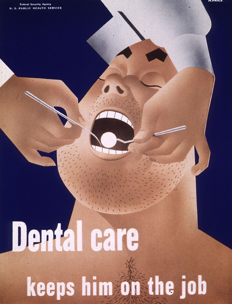Dental care keeps him on the job. Hands are holding dental instruments inside a burly man's mouth. Original public domain…