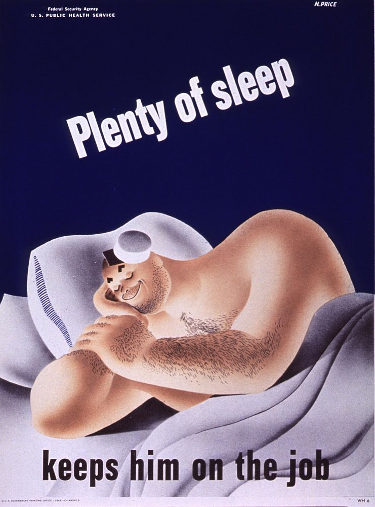 Plenty of sleep: keeps him on the job. A smiling, burly man sleeps while still wearing his hat. Original public domain image…