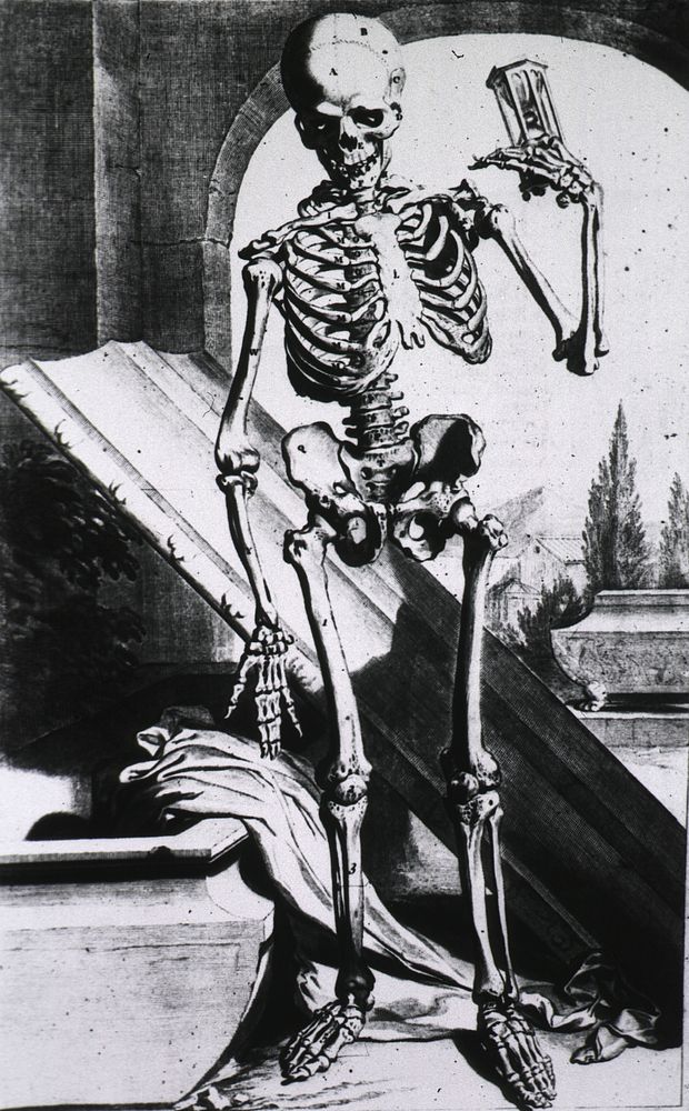 SkeletonPublication: 1685. Skeleton standing before open tomb, holding hourglass. Original public domain image from Flickr
