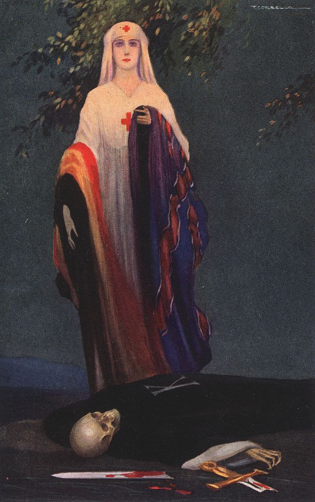 Victory of the Victim. Postcard featuring a color illustration of Edith Cavell in a Red Cross uniform standing over a…