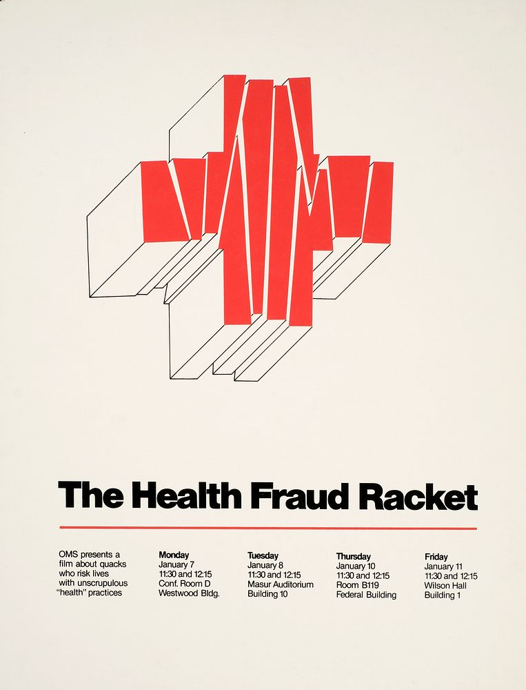 Health Fraud Racket. Three dimensional red cross with white lines running through it, giving the impression of cracks.…