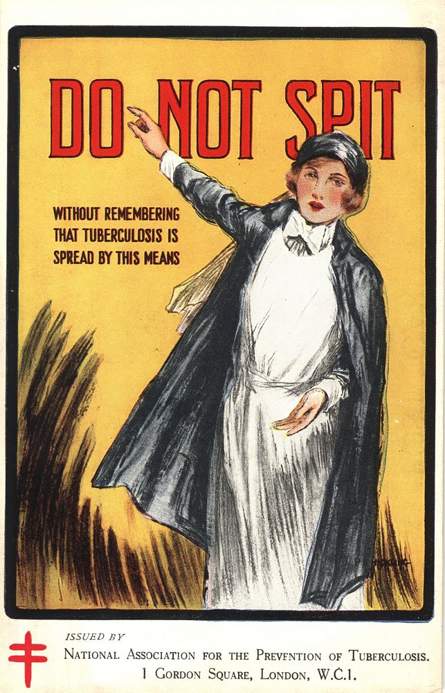 Do not spit. Advertising postcard for the National Association for the Prevention of Tuberculosis featuring a color drawing…