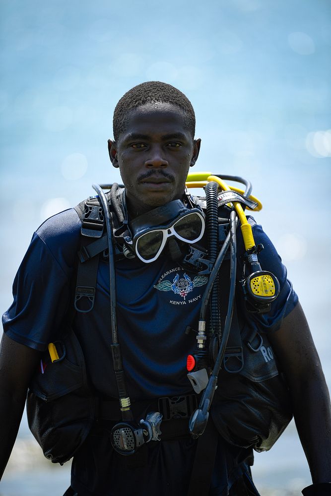 MOMBASA, Kenya (Feb. 16, 2022) Kenyan diver Cpl. Hamisi Eregae poses for a portrait during dive training at exercise Cutlass…