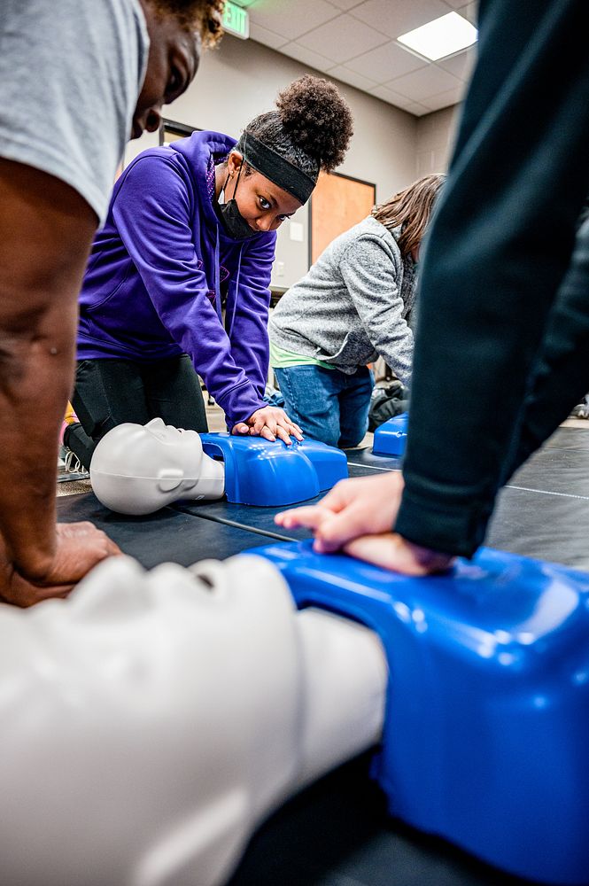 Students learning CPR at Greenville's Fire/Rescue training center at Station 6, date unknown. Original public domain image…