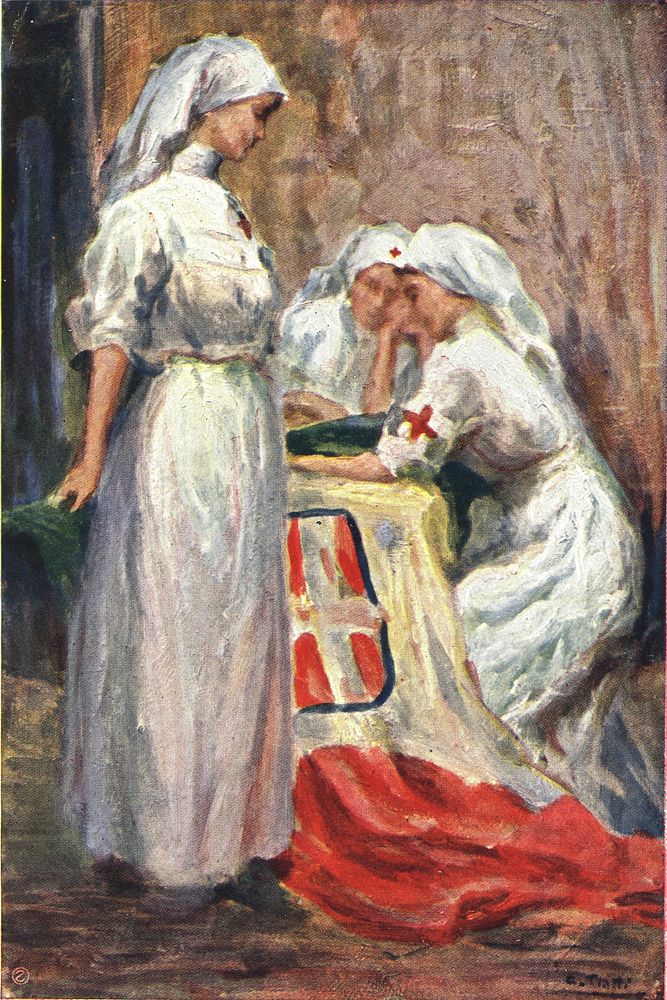 Three Nurses. Three nurses in Red Cross uniforms. Two are sitting at a table and one is standing in front of it, turned so…