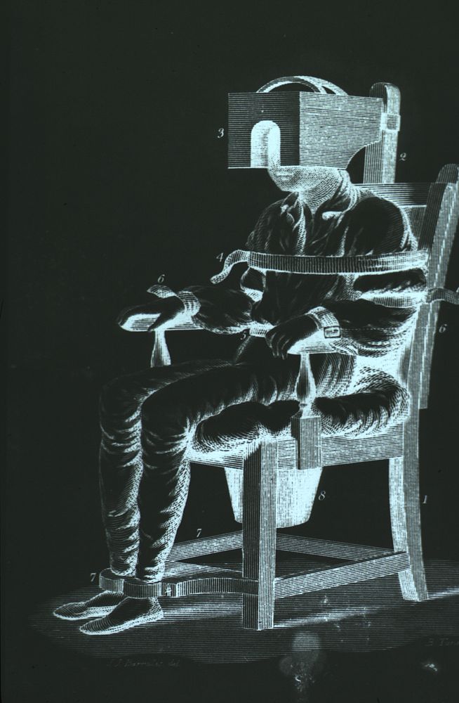 Tranquilizing Chair of Benjamin Rush. Abstract: A patient is sitting in a chair; his body is immobilized by straps at the…