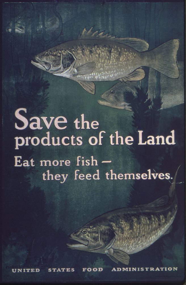 "Save the products of the land. Eat more fish- they feed themselves.". Original public domain image from Flickr