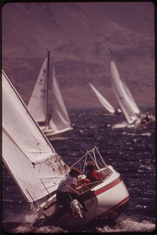 A good wind and a good sail on Hoover Dam's Lake Mead, May 1972. Photographer: O'Rear, Charles. Original public domain image…