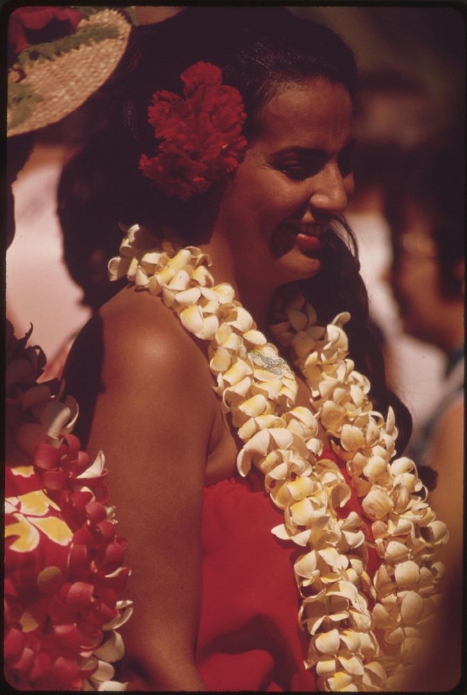 Hawaiians ready to demonstrate hula dance to Waikiki Beach tourists, October 1973. Photographer: O'Rear, Charles. Original…