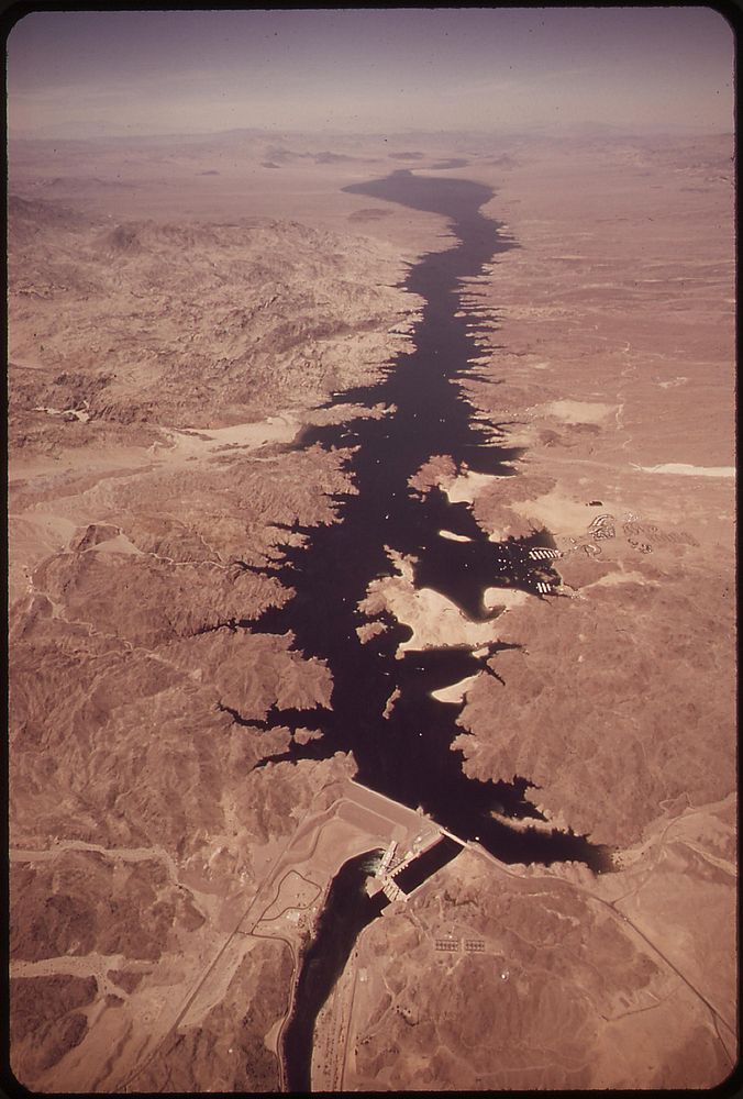 Davis dam on Colorado River. Lake Mohave forms in background, May 1972. Photographer: O'Rear, Charles. Original public…