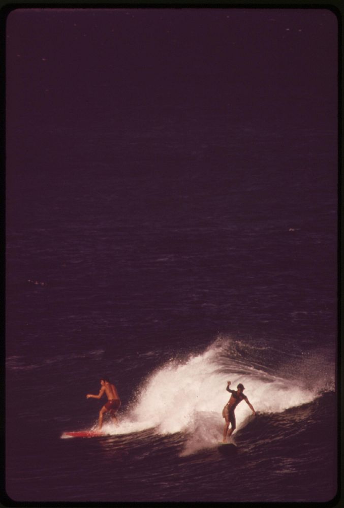 Surfing at Maui County's Hookipa Park, November 1973. Photographer: O'Rear, Charles. Original public domain image from Flickr