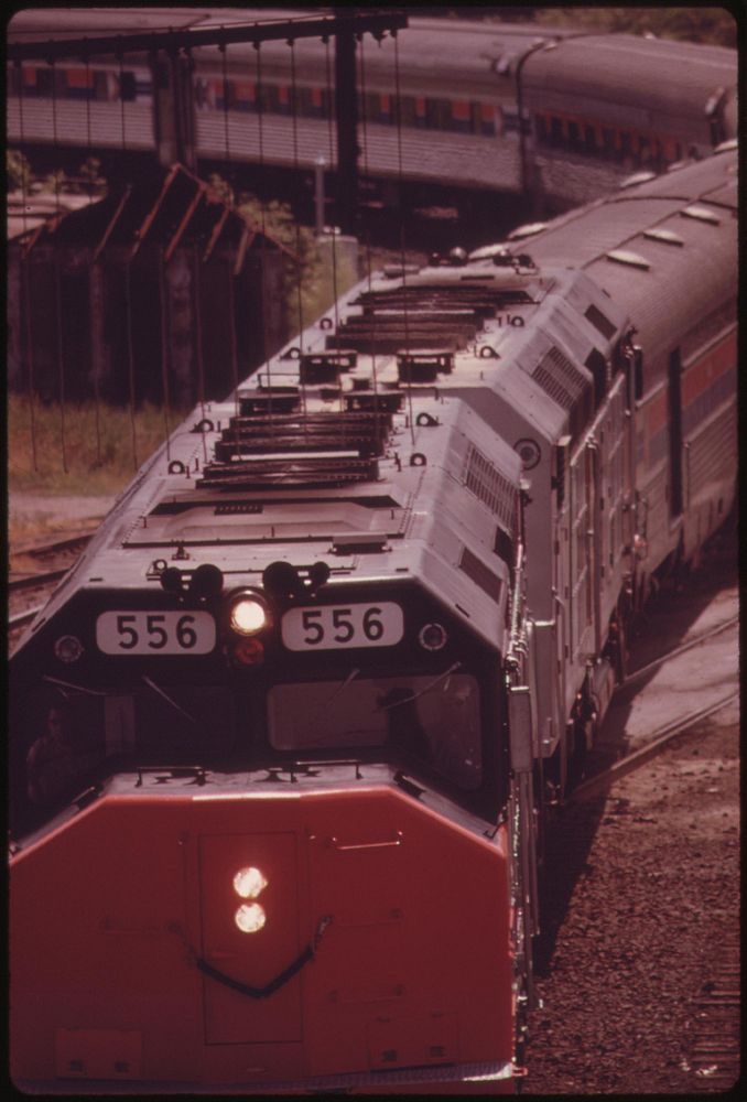 The Coast Starlight (train #11) pulls into the Tacoma Washington, passenger train depot, July 1974. Photographer: O'Rear…