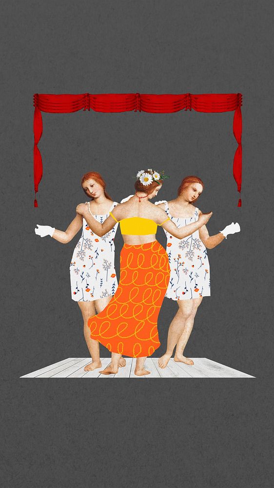 Raphael's Three Graces iPhone wallpaper, musical theatre collage, remixed by rawpixel