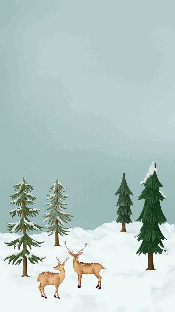 Cute Winter reindeers mobile wallpaper, snow forest background psd