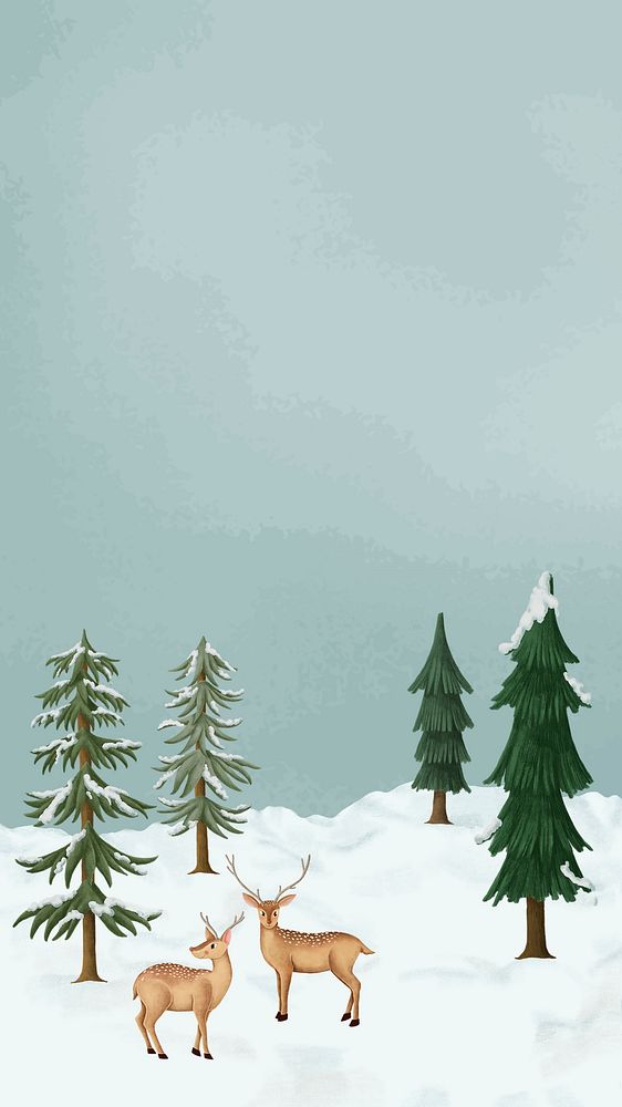 Cute Winter reindeers mobile wallpaper, snow forest background