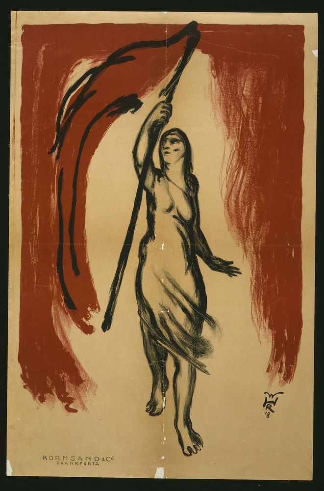 Woman carrying a red flag  W.R.H.
