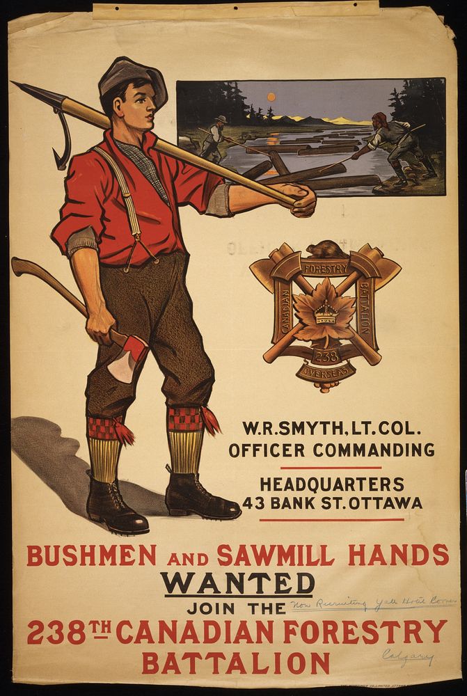 Bushmen and sawmill hands wanted. Join the 238th Canadian Forestry Battalion