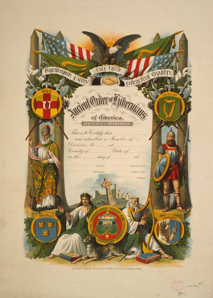 Friendship, unity and true Christian charity--Ancient Order of Hibernians of America, Certificate of membership