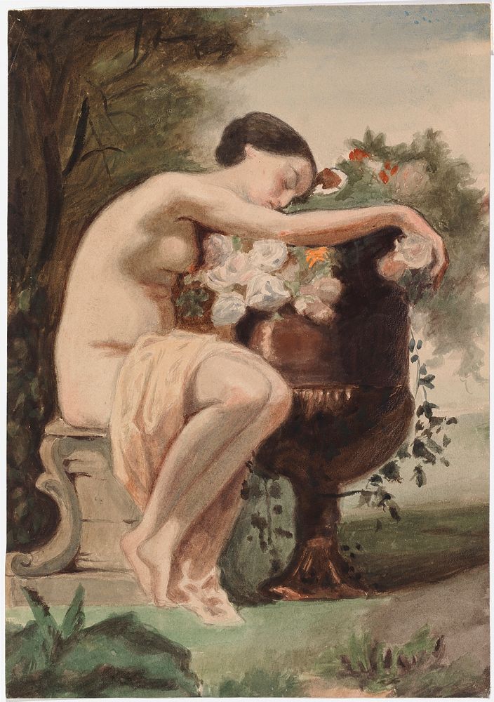 Woman seated, copy after august jernberg's nymph by a flower urn, 1890 - 1925, by Magnus Enckell