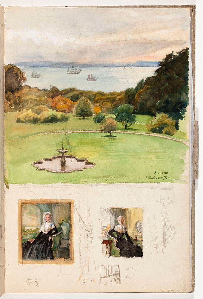 Kulla gunnarstorpin puisto ja kreivitär elisabeth wachtmeister, luonksia 1901part of a sketchbook, by Albert Edelfelt