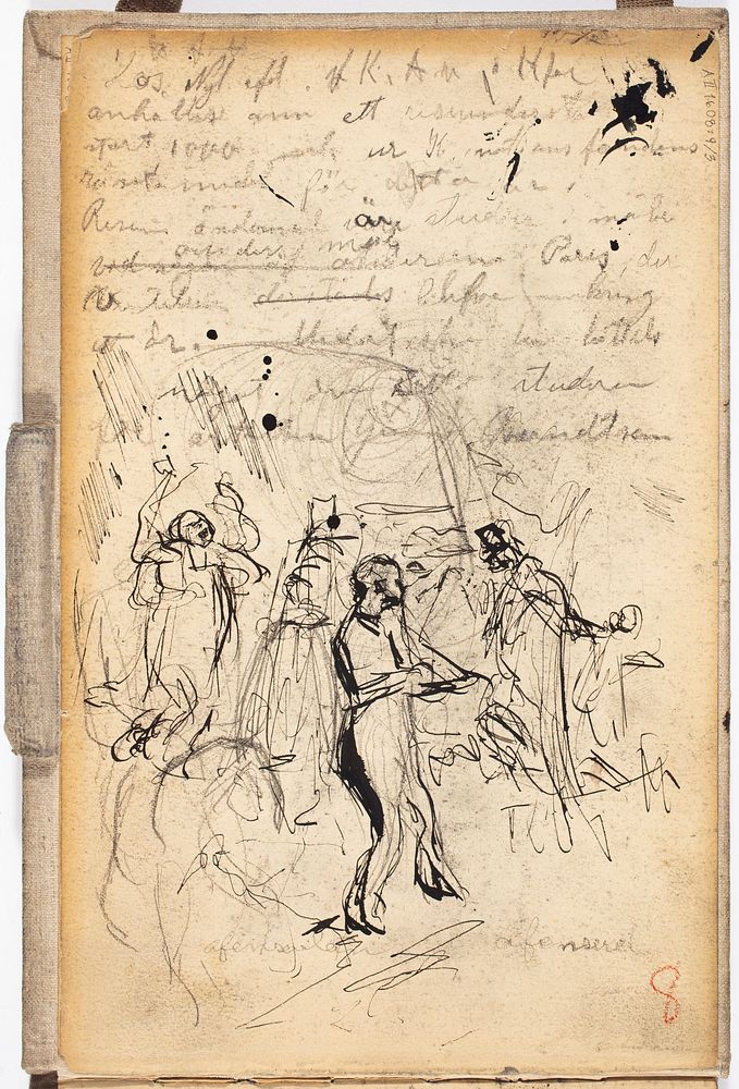 Ihmishahmoja ja kirjoitusta, luonnos, 1889 - 1891part of a sketchbook, by Magnus Enckell