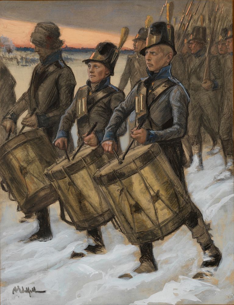 The march of the björneborg regiment, original drawing for the tales of ensign stål, 1897 - 1900, by Albert Edelfelt
