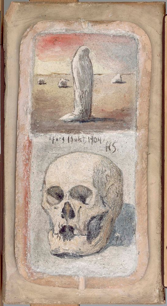 Figure in the desert, and a skull, tampere cathedral frescoes, 1904, by Hugo Simberg