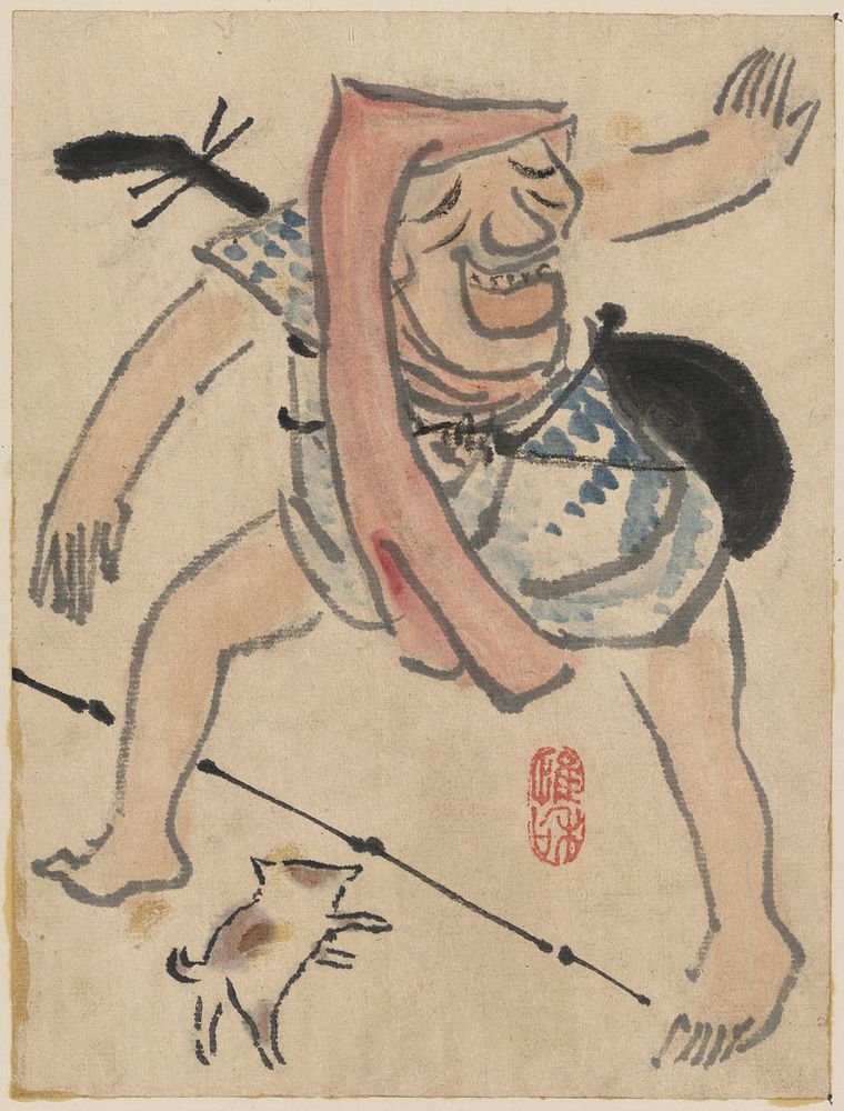 Caricature of musician or actor dancing, with a cat at his feet
