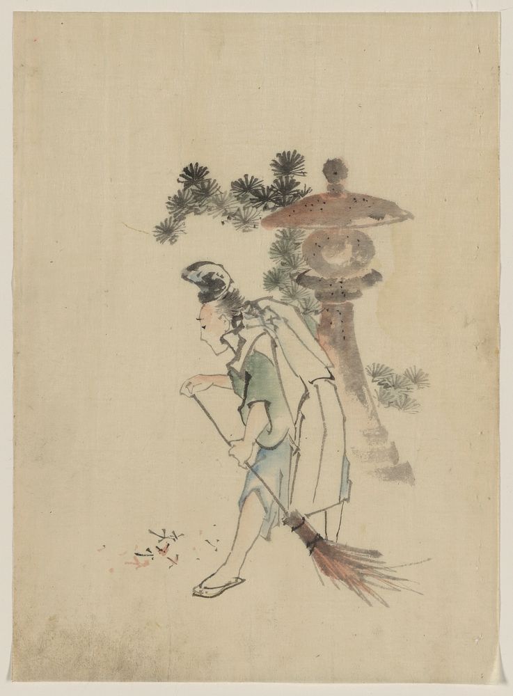 Katsushika Hokusai's man sweeping pine needles that have fallen from a tree near a stone shrine