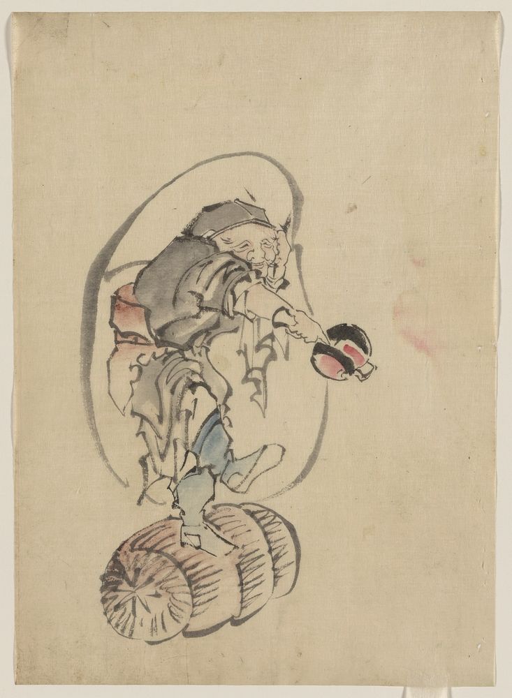 Katsushika Hokusai's Hotei, the god of good fortune, one of the seven lucky gods, facing right, standing on a rolling…