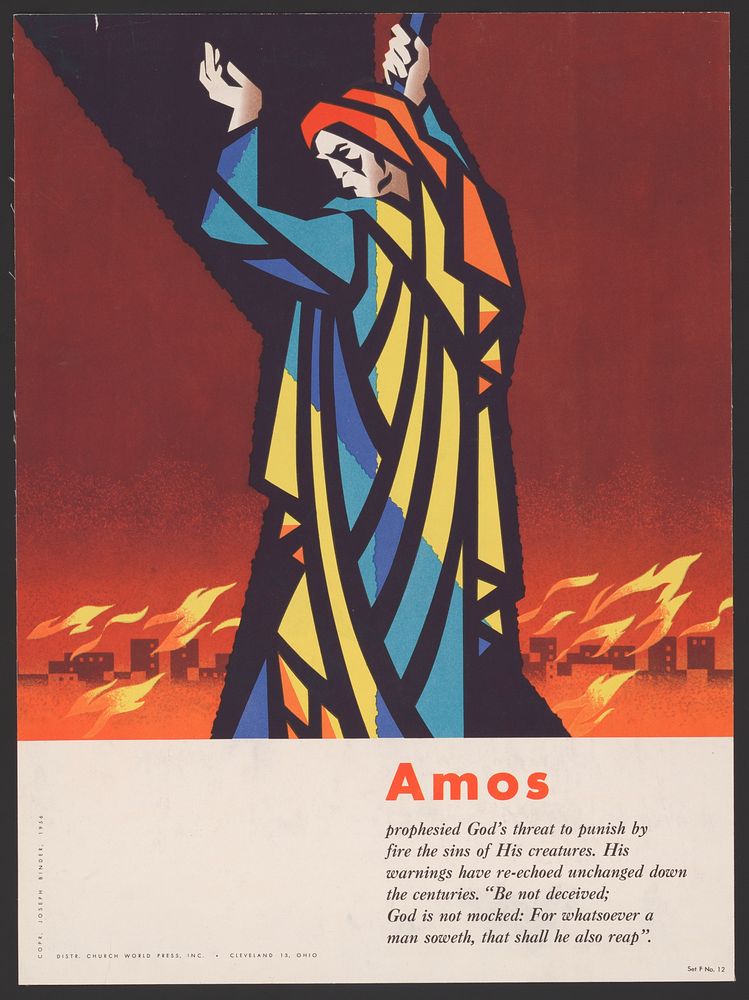 Amos prophesied God's threat to punish by fire the sins of his creatures (1956) religious poster by Joseph Binder. Original…