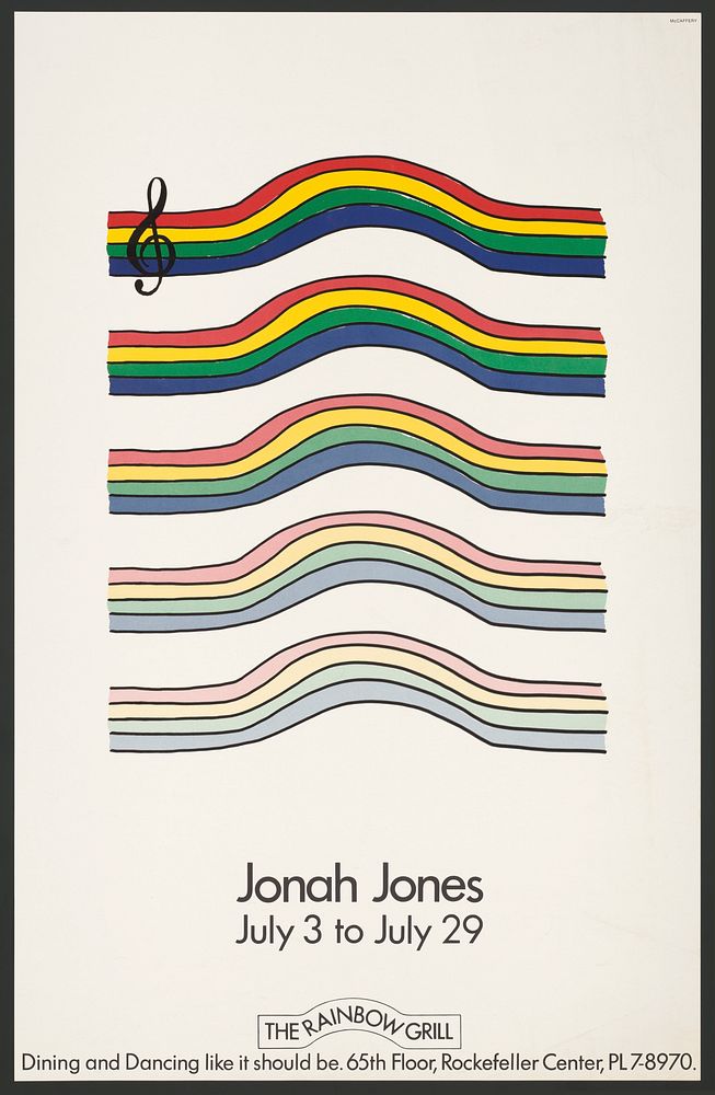 Jonah Jones. The rainbow grill. Rockefeller Center (1970) vintage poster by William McCaffery. Original public domain image…