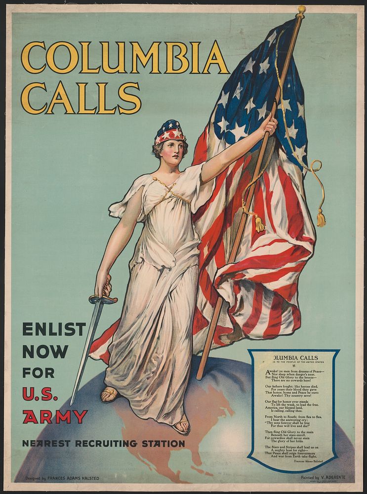 Columbia calls--Enlist now for U.S. Army  designed by Frances Adams Halsted ; painted by V. Aderente.