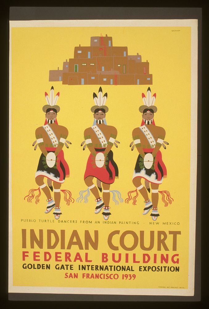 Indian court, Federal Building, Golden Gate International Exposition, San Francisco, 1939 Pueblo turtle dancers from an…
