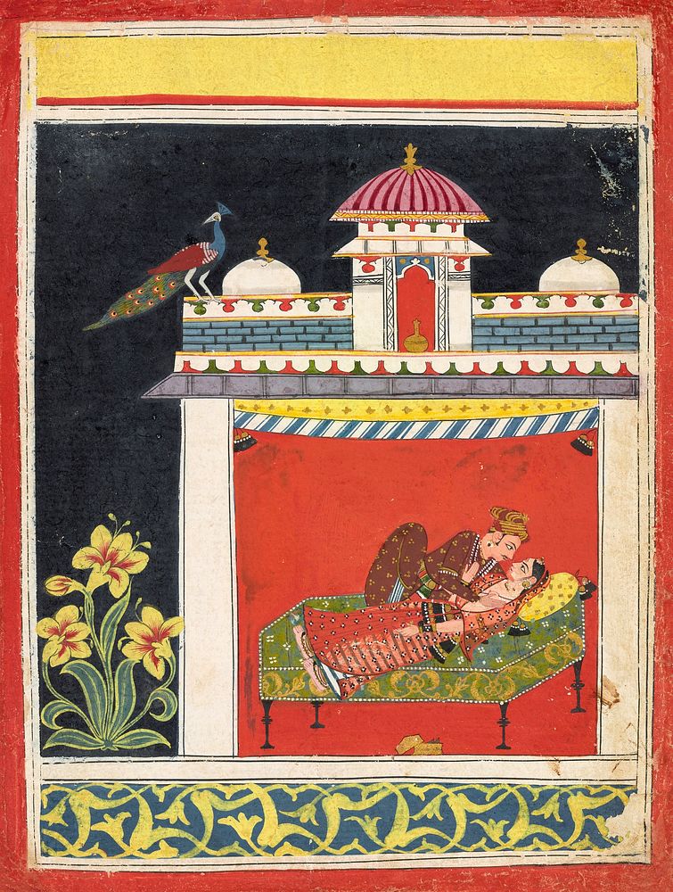 Two lovers in a pavilion, from an Amarushataka (Hundred poems of Amaru), or an unidentified erotic series