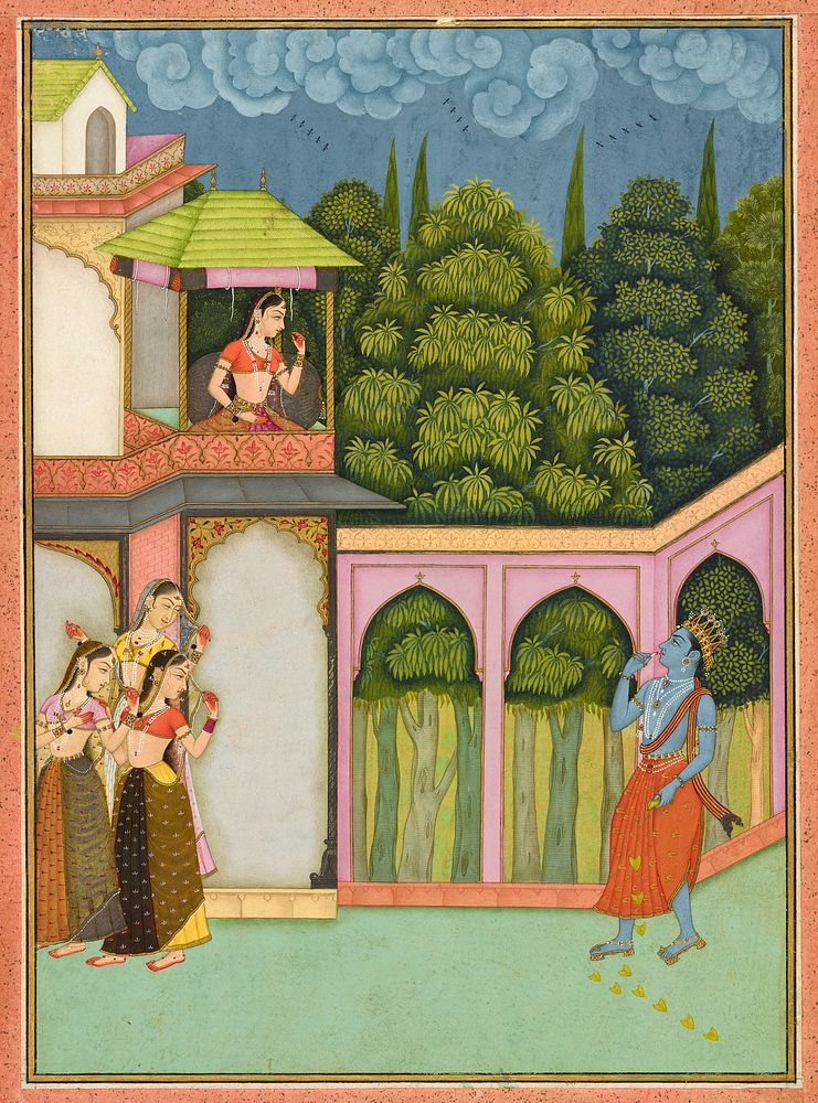 Krishna approaches Radha, folio from a Rasikpriya, Nuruddin