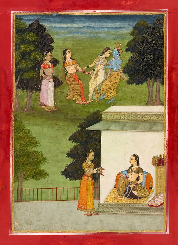 Krishna playing with the gopis, folio from a Rasikpriya, Ruknuddin (1650-1697)