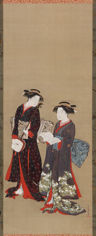 Two girls standing, one holding an open book, Kitao Shigemasa