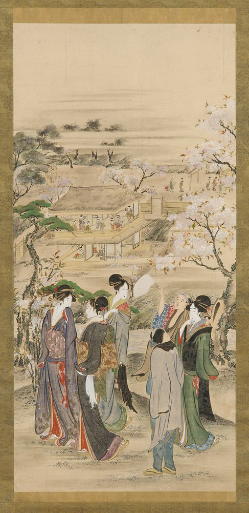 Landscape: parties of men and women looking at cherry blossoms by Katsushika Hokusai