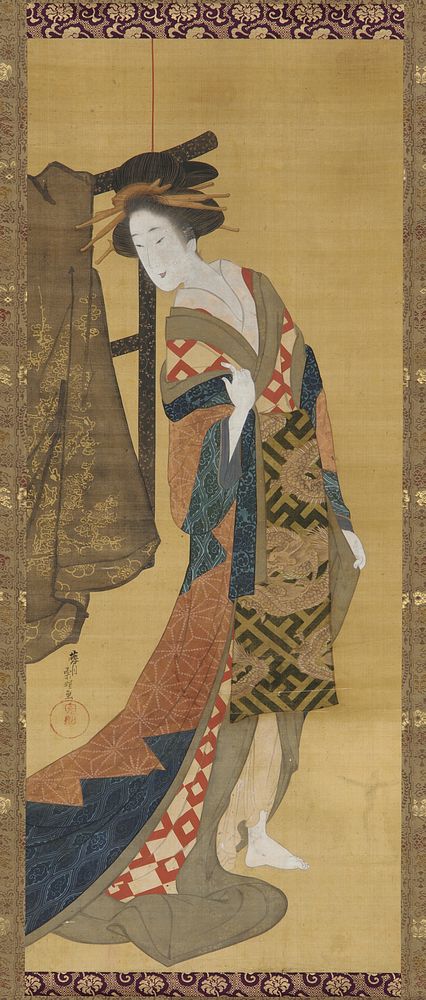 A courtesan standing near a clothes rack, Hishikawa Sori