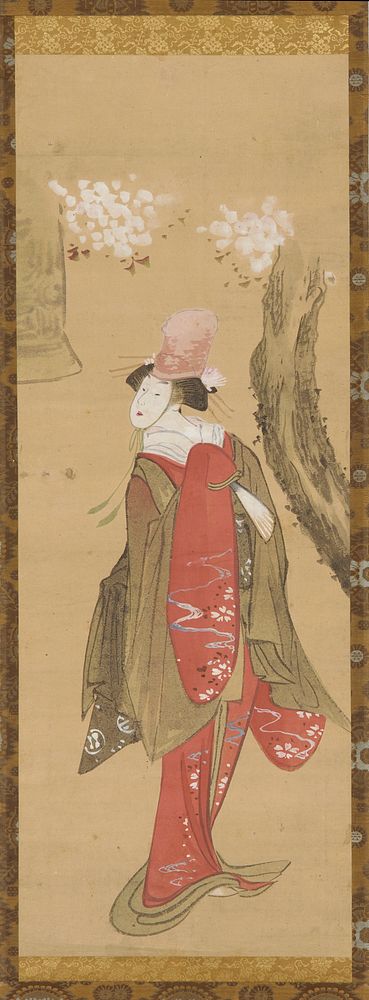 A Dancer, Kiyohime, a cherry tree and the bell of Dojo-ji by Katsushika Hokusai