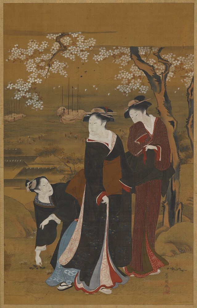Three women under a flowering cherry tree at the seashore, Utagawa Toyokuni