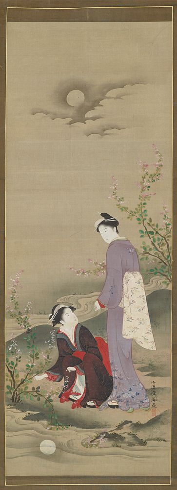 Autumn: Two women gazing at the reflection of the moon, Kubo Shunman