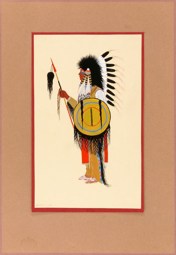 Cheyenne Warrior in Feather Headdress with Shield, Monroe Tsatoke