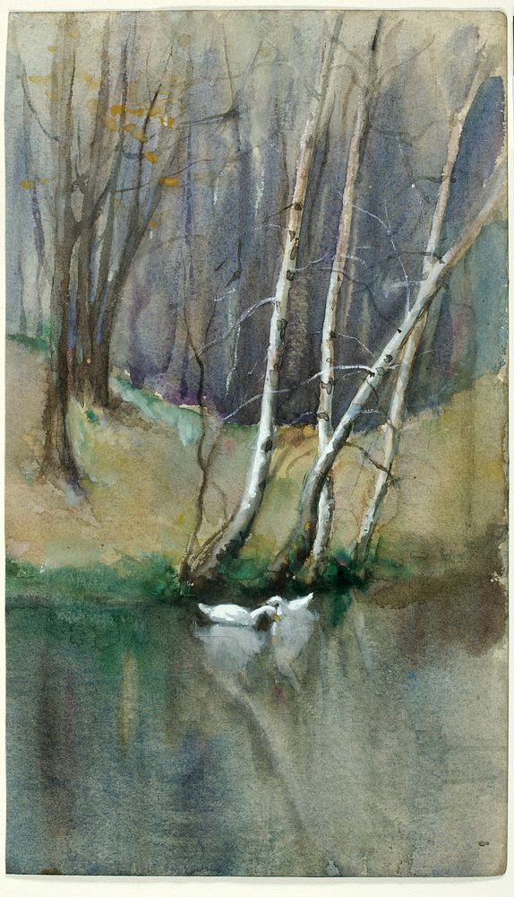 Untitled (Wood Scene with Birch Trees and Ducks), Edward Mitchell Bannister