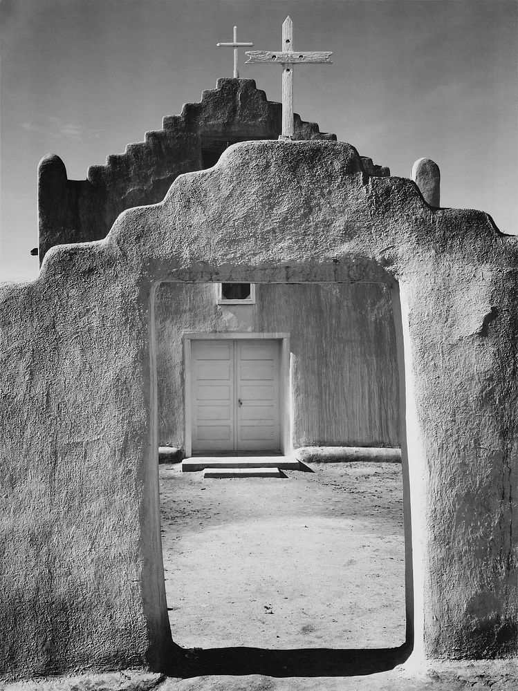 Front view of entrance, "Church, Taos Pueblo National Historic Landmark, New Mexico, 1942" [Misicn de San Gercnimo]…