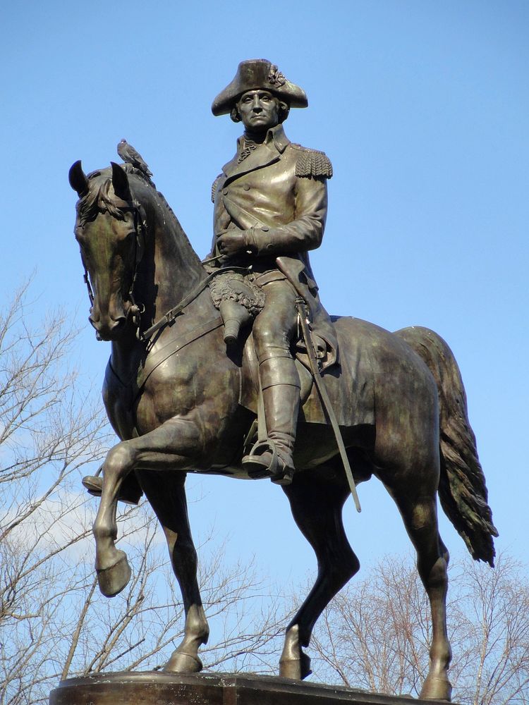 George Washington statue in the Boston Public Garden, Boston, Massachusetts, USA. Sculptor: Thomas Ball. This artwork is now…