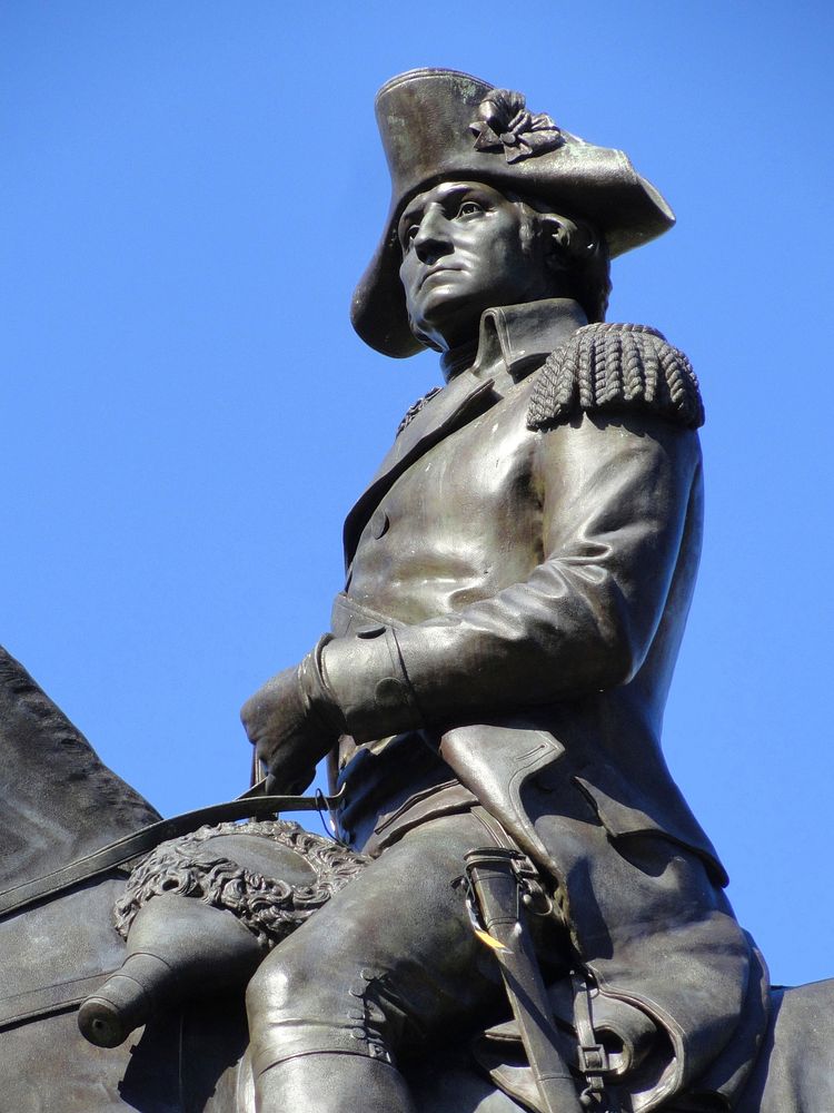 George Washington statue in the Boston Public Garden, Boston, Massachusetts, USA. Sculptor: Thomas Ball. This artwork is now…